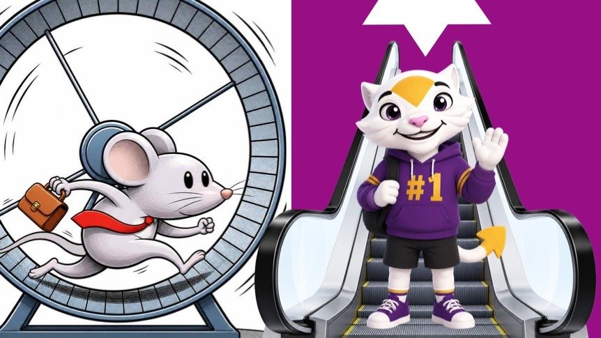 A mouse on a treadmill and a lion rising on an escalator