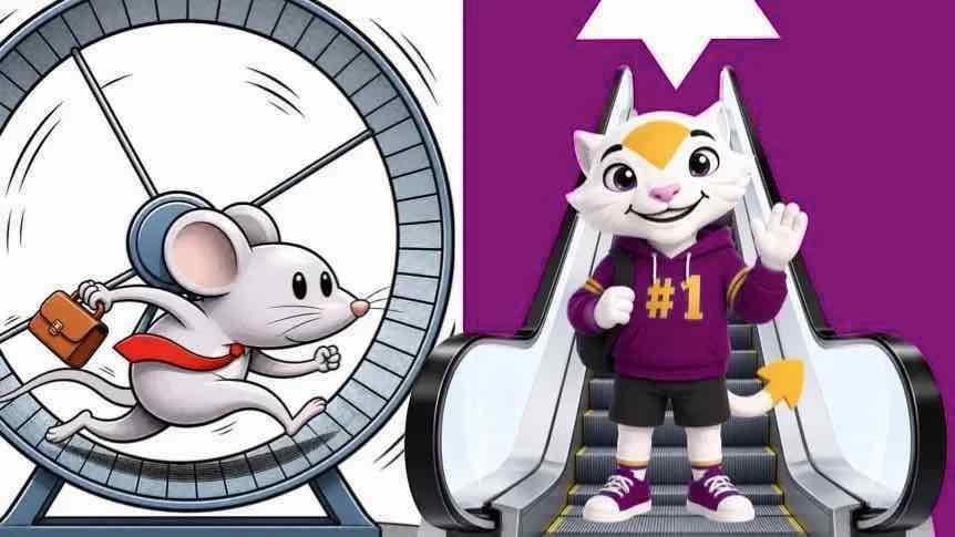 A mouse on a treadmill and a lion rising on an escalator